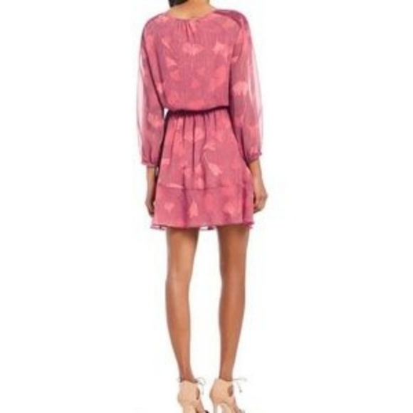 Halston Pintucked Georgette Blouson Ginko Dress Bracelet Sleeve Flounce SzL Pink - Picture 2 of 9